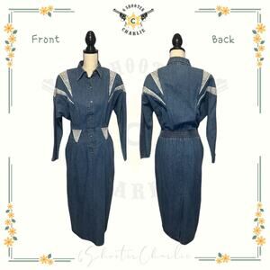 Vintage GS INTERNATIONAL Western Denim Dress Reptile Snake Accent Half Snap 7/8